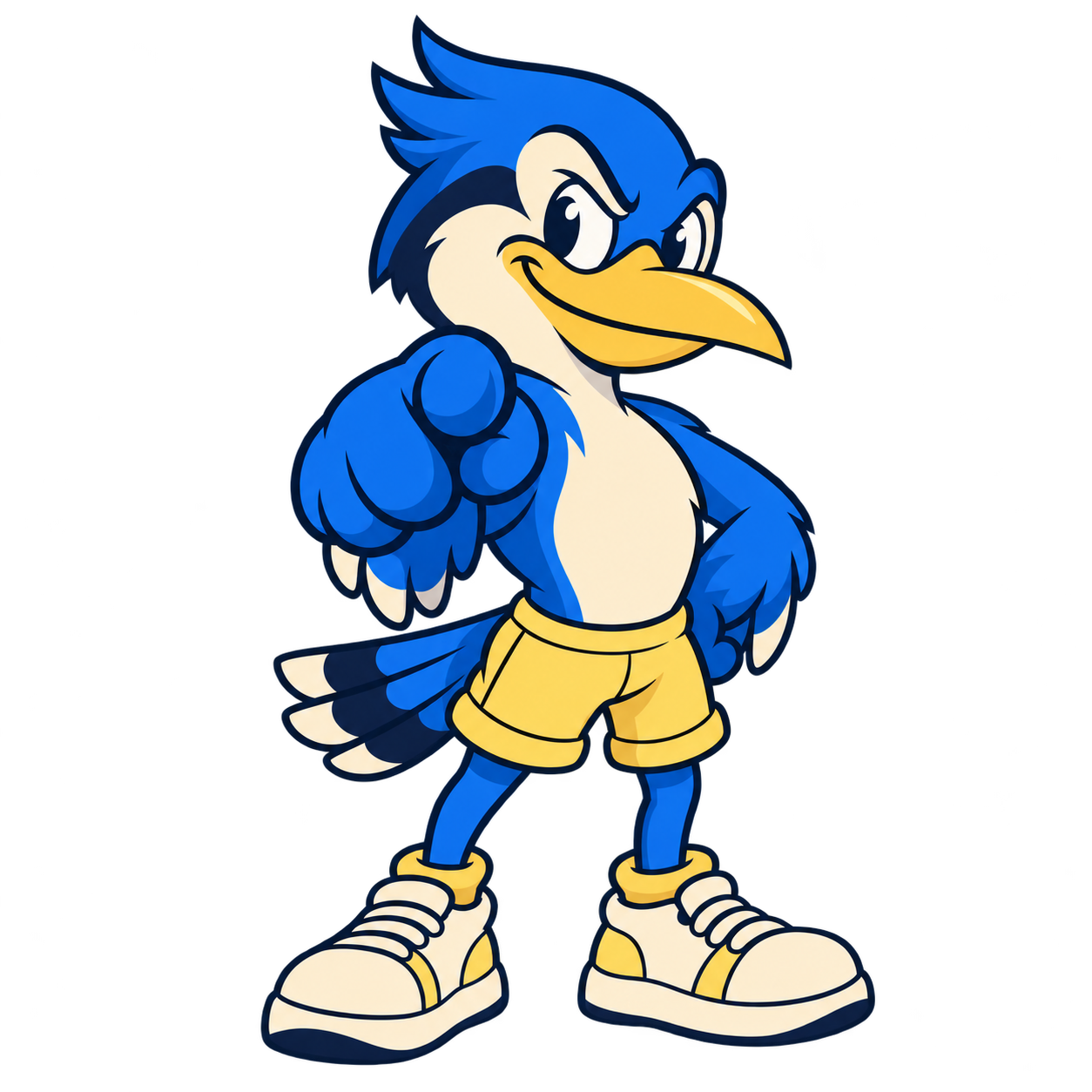 Chirp, a blue cartoon bird pointing at you